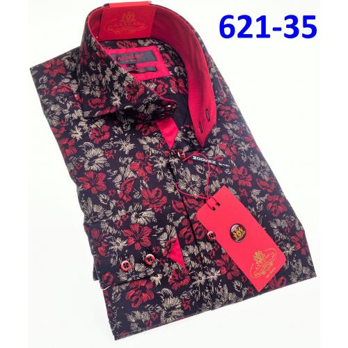 Axxess Black / Red Cotton Flower Design Modern Fit Dress Shirt With Button Cuff 621-35.
